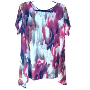 Michelle Lynn Short Sleeve Side Tailed Red, Brown & Cream Tunic Top Size 1X